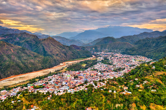 Aerial view of La Merced town in the Chanchamayo river valley in a rainforest of Junin, Peru