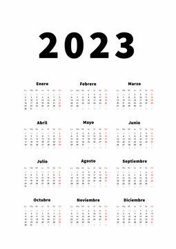 2023 year simple vertical calendar in spanish language, typographic calendar isolated on white