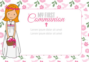My first communion girl. Girl with basket of flowers. Frame with space for text	
