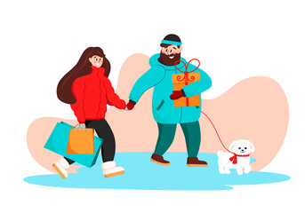A nice couple of a man and a woman with shopping and gifts, shopping, young people walking with a dog. Happy people on a walk.