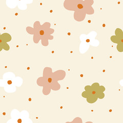 Seamless pattern with abstract hand drawn flowers and dots