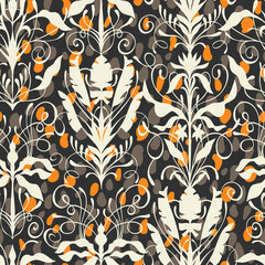 Art nouveau style seamless pattern. Classic renaissance baroque floral background mixed with spotted texture. Decorative swirls and flowers. Fashion design for wallpaper, textile and fabric.