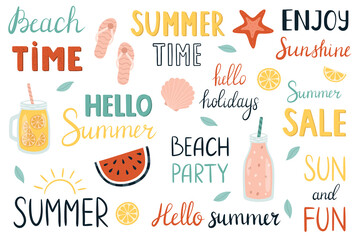 Summer hand-drawn set. Handwritten phrases and quotes. Watermelon, lemonade, shell, sandals, starfish. Vector illustration