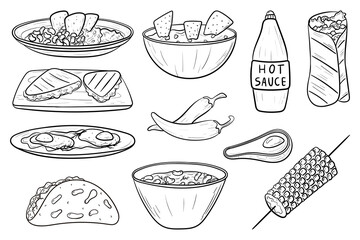 Set of vector doodle illustrations of mexican food in outline or sketch style.