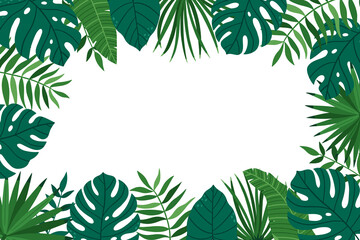A frame of bright tropical plants. Hand-drawn leaves of monstera and palm trees. Vector summer illustration © Victoria Guzeeva