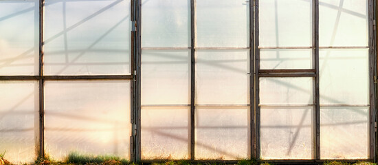 Plastic greenhouse wall against the sunset.