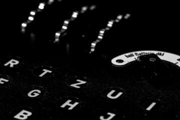 Grayscale of The plug board and keyboard from a World War 2 German Enigma machine