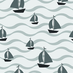 Fabric textile print template. vector illustration. texture backgraound. a ship on the waves. Monochrome pattern. 
