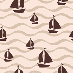Fabric textile endless print template. vector illustration. texture background. a ship on the waves. coffee vintage color. seamless pattern. 