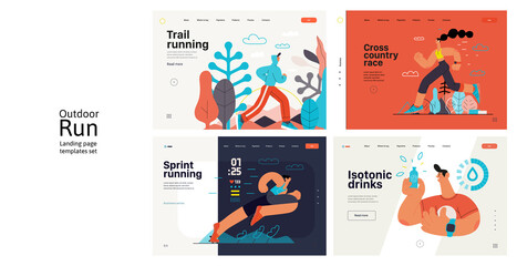 Obraz premium Runners website templates set. Flat vector concept illustrations of athletes running in a park, forest, stadium track or street landscape. Healthy activity and lifestyle. Sprint, jogging, warming up.