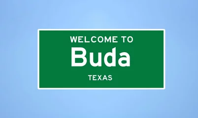 Foto op Plexiglas Buda, Texas city limit sign. Town sign from the USA. © Rezona