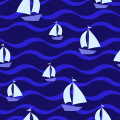 Fabric textile print template. vector illustration. texture backgraound. a ship on the waves. 