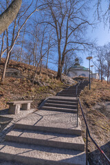 Stone steps leading to the church Skeppsholmskyrkan a sunny day in Stockholm