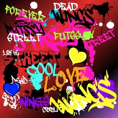 Illustration vector elements of graffiti text, hearts, splatters and background fashion design