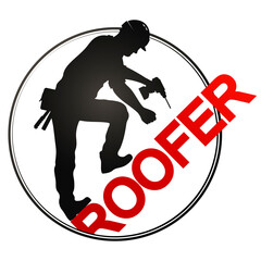 Roofer with tools on the roof. Symbol for roofing repairs - obrazy, fototapety, plakaty