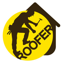 Roofer with a hammer in his hand. Roof repair with tools. Roofing repair work symbol