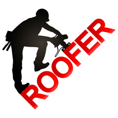 Roofer with tool symbol. Roof repair work - obrazy, fototapety, plakaty