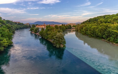 Obraz premium Rhone and Arve river confluence, Geneva, Switzerland, HDR