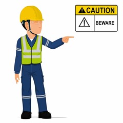 An industrial worker is pointing on white background