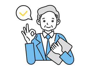 OKサインのポーズをする年配の男性　白背景にベクターの人物イラスト　ビジネスパーソン　確認・審査・点検