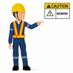 An industrial worker is pointing on white background