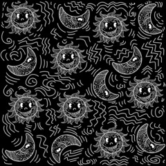 Illustration Pattern Doodle design with sun and moon faces fashion design