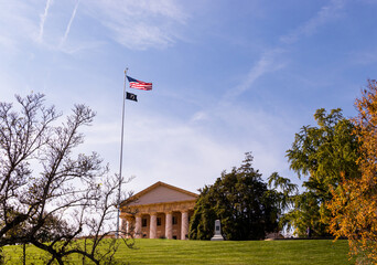 Building and USA flag at the Arlington National Cemetery 