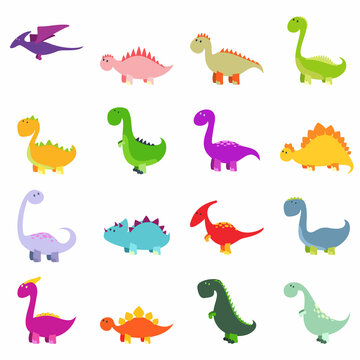 Cute dinosaurs icons set, vector illustration. Cartoon colorful dinosaur collection.