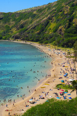 Aerial view of the beach of Hanauma Bay Nature Preserve on O'ahu island in Hawaii, United States