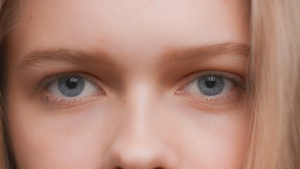 Extreme close-up shot of young blonde woman looks at the camera