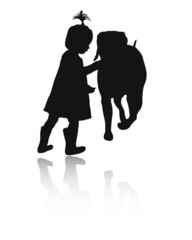Silhouette of a little girl with a dog. The child is petting the dog. Reflection.