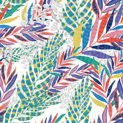 Fototapeta na wymiar Modern abstract seamless pattern with creative colorful tropical leaves and leopard spots. Retro bright summer background. Jungle foliage illustration. Swimwear botanical design. Vintage exotic print.