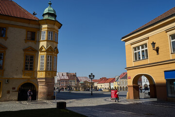 Naklejka premium Jicin, Czech Republic - March 20, 2022 - Valdštejn Square (formerly also Masaryk Square) is the main square in Jičín