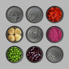 Food in canning, aluminum food containers, top view ...