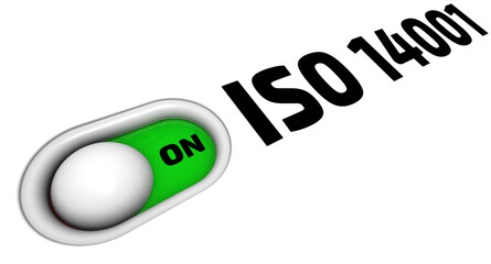 ISO 14001 are enabled. One option button with black abbreviation ISO 14001 (sets out the criteria for an Environmental Management System - EMS) in enabled position. 3D illustration