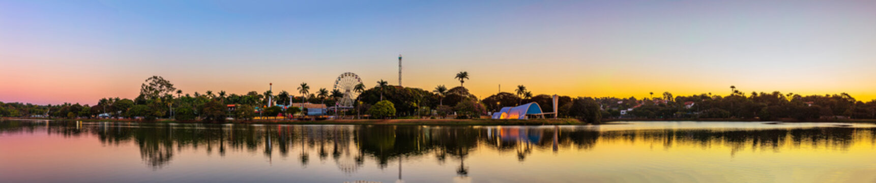 Late afternoon at the Pampulha lagoon, overlooking the little church and the park. Tourist spot in Belo Horizonte, Minas Gerais, recognized as a world heritage site by UNESCO.