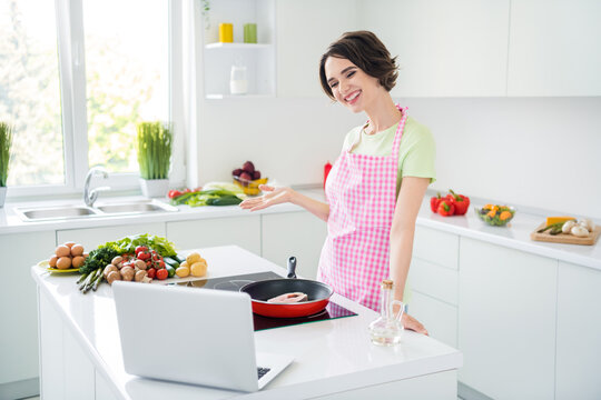 Portrait of cheerful attractive person frying fresh seafood speak communicate video call kitchen indoors