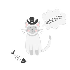 Cute Cat Wearing a Pirate Hat Next to a Fish Skeleton Talk Like a Pirate Day Card