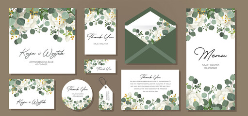 Wedding Invitation, menu, label,  envelope. Floral design green watercolor eucalyptus leaves, foliage greenery decorative print. Vector elegant cute rustic. - obrazy, fototapety, plakaty