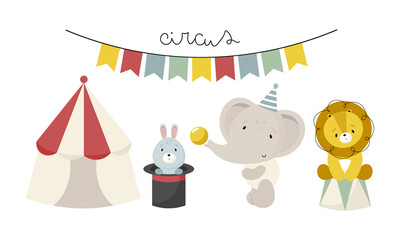 Circus collection with Circus Tent, Rabbit, Elephant, Lion. Vector illustration in cartoon style.