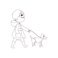 Isolated boy dog draw kids rain winter weather vector illustarion