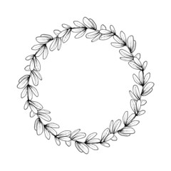 A botanical frame framed by branches in a circle. A wreath of branches with leaves in a linear style, laconic. For the design of printed products. Isolated image on a white background.