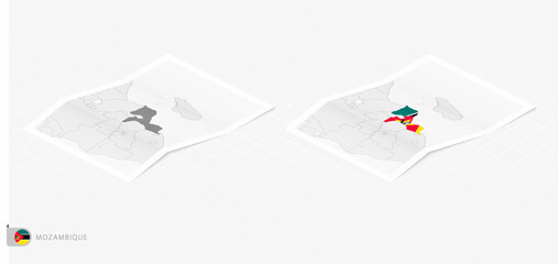 Set of two realistic map of Mozambique with shadow. The flag and map of Mozambique in isometric style.