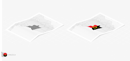 Set of two realistic map of Angola with shadow. The flag and map of Angola in isometric style.
