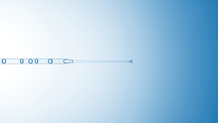 Horizontal view macro shot of transparent drops are dripped from long chemical dropper on pale blue...