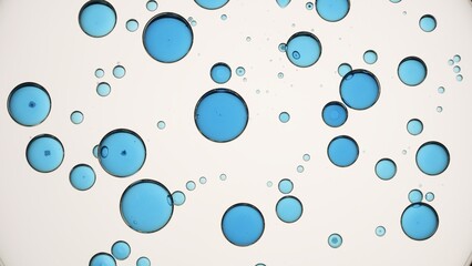 Macro shot of blue oil circles in clear liquid against light grey background | Skin care lotion with hyaluronic acid concept