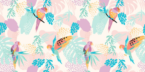 Abstract art seamless pattern with parrots and tropical leaves. Modern exotic design