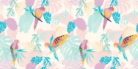 Foto op Aluminium Abstract art seamless pattern with parrots and tropical leaves. Modern exotic design © Nadia Grapes