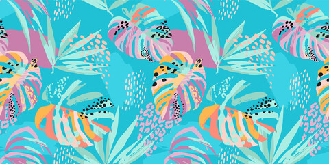 Fototapeta na wymiar Abstract art seamless pattern with tropical leaves. Modern exotic design
