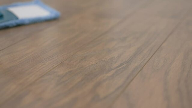 mop close-up cleans dirty floor. A woman washes the parquet with a mop at home.